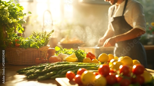 Sunlit Kitchen with Chef Preparing Fresh Vegetables and Ingredients in Morning Light
