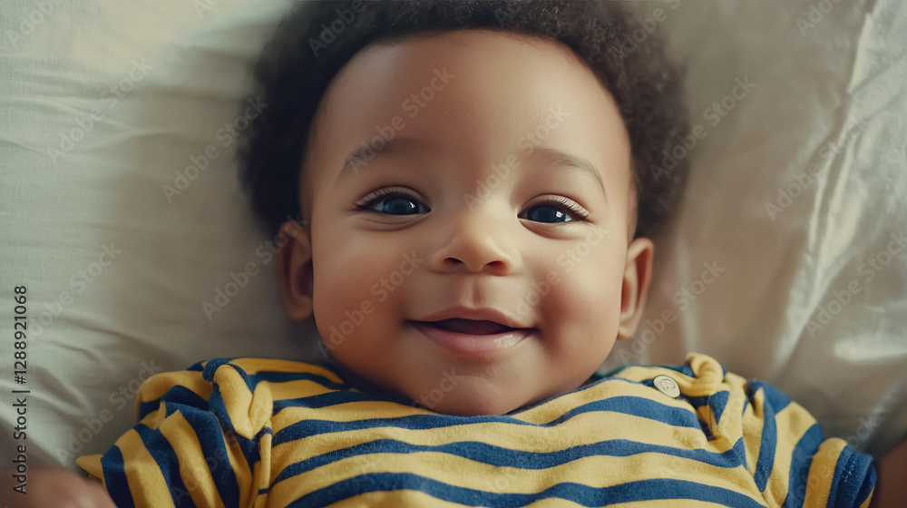 Cute infant lying on back with adorable happy expression in yellow and blue striped shirt on white blanket Cute infant lying on back with adorable happy expression in yellow and blue striped shirt on white blanket