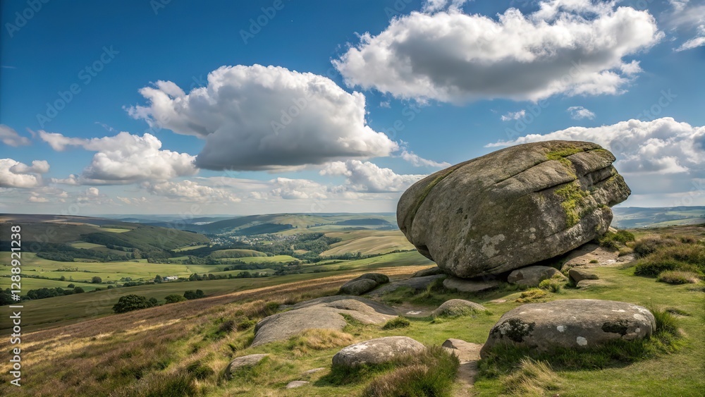 Fototapeta premium A large old boulder on the hilltop. Beautiful landscape. Generative AI.