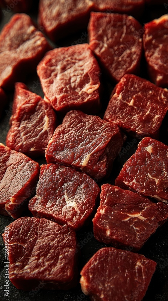 Freshly cut beef cubes arranged neatly on a dark surface showcasing their rich color and texture for meal preparation Freshly cut beef cubes arranged neatly on a dark surface showcasing their rich color and texture for meal preparation