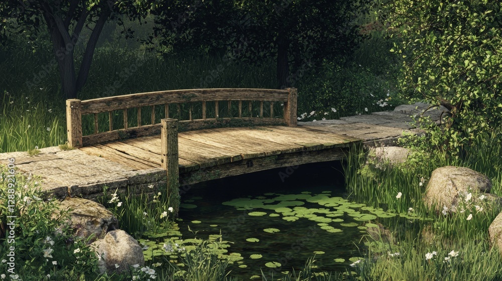 Serene Wooden Bridge Over Tranquil Pond Surrounded by Lush Greenery and Wildflowers in Peaceful Natural Setting Serene Wooden Bridge Over Tranquil Pond Surrounded by Lush Greenery and Wildflowers in Peaceful Natural Setting