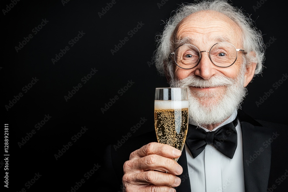 Elderly man celebrating with a glass of sparkling beverage in a formal attire against a dark background Elderly man celebrating with a glass of sparkling beverage in a formal attire against a dark background
