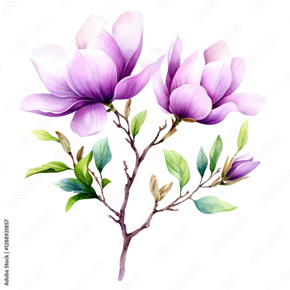 Obraz premium Illustration of a magnolia flower with detailed petals and leaves in a clipart style for design use isolated on transparent background..