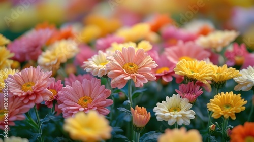 Brightly colored flowers bloom in a vibrant garden during a sunny day, showcasing a variety of blossoms in different shades and sizes