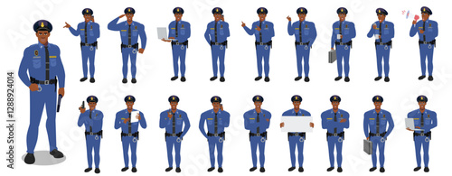 Police Officer Character Design Model Sheet. Man, Character design. Front, side, back view and explainer animation poses. Character set with lip sync and Walk cycle animation sequences.