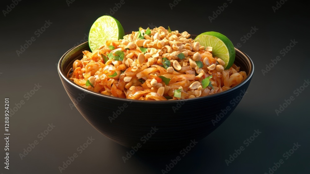 Delicious Pad Thai Noodles in a Dark Bowl Delicious Pad Thai Noodles in a Dark Bowl