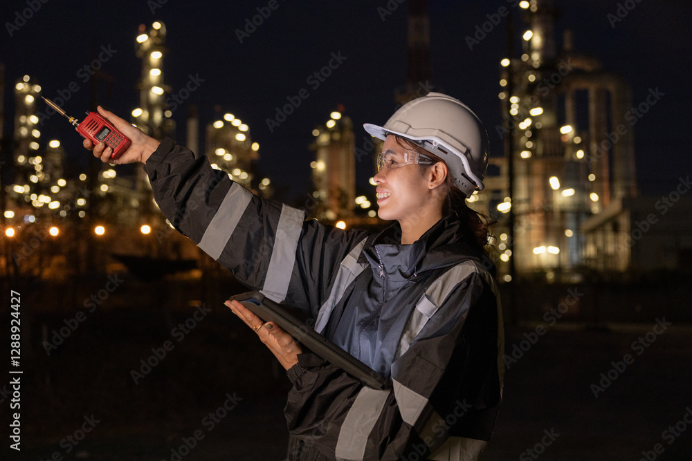 Fototapeta premium Engineers Conducting Night Inspection at Refinery