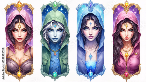 Fantasy female character portraits, suitable for game design, fantasy art, and character illustrations.