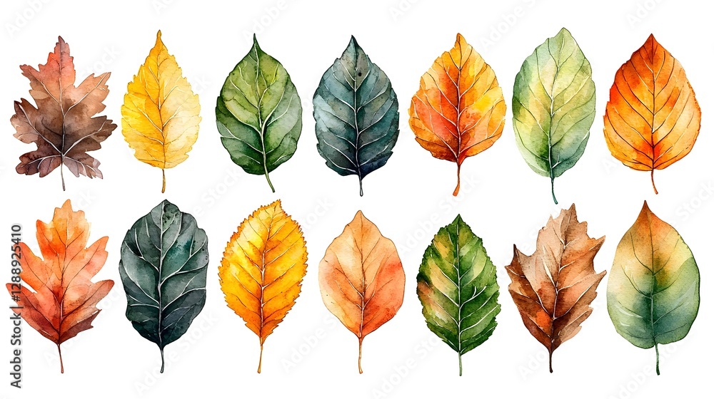 Obraz premium Vibrant Watercolor Autumn Leaf Assortment on White Background