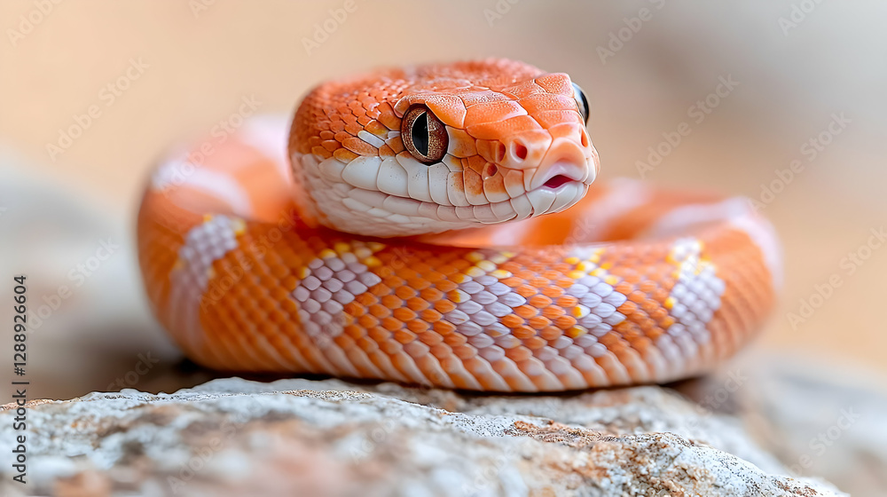 Fototapeta premium Orange snake coiled on rock, desert background, wildlife photography