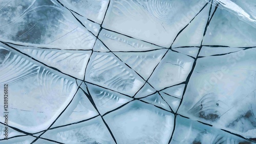 Close Up of Cracked Translucent Blue Ice with Intricate Patterns and Fissures Creating a Frosty and Textured Surface