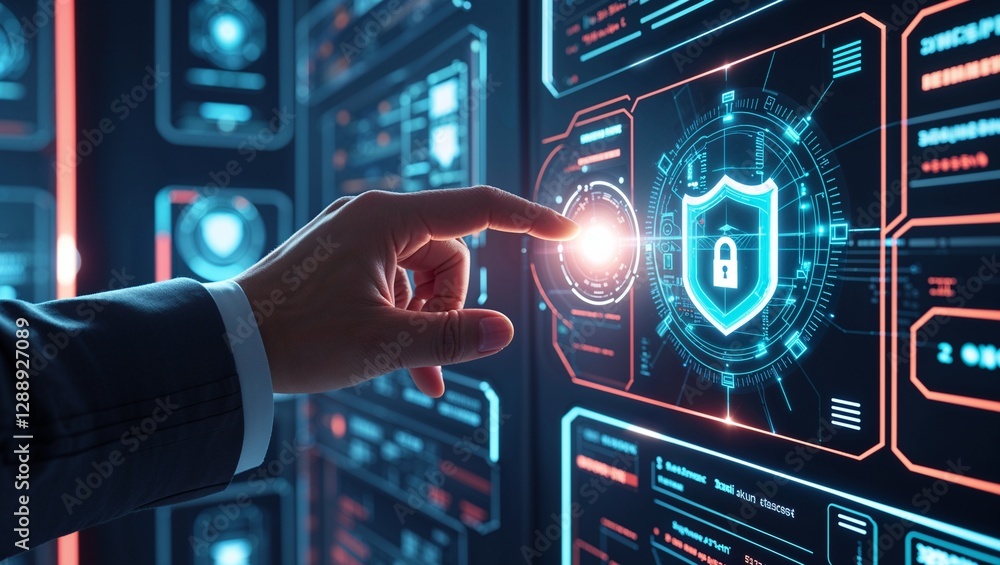 Obraz premium Person interacting with digital interface, cybersecurity shield, data protection, high-tech security measures