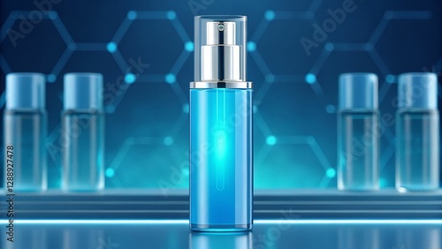 A sleek blue serum bottle stands prominently, surrounded by other transparent bottles, set against a futuristic, hexagonal background.