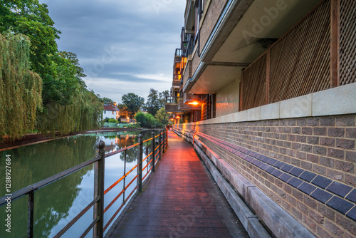 Evening view of quayside of Cambridge at river Cam. UK photo