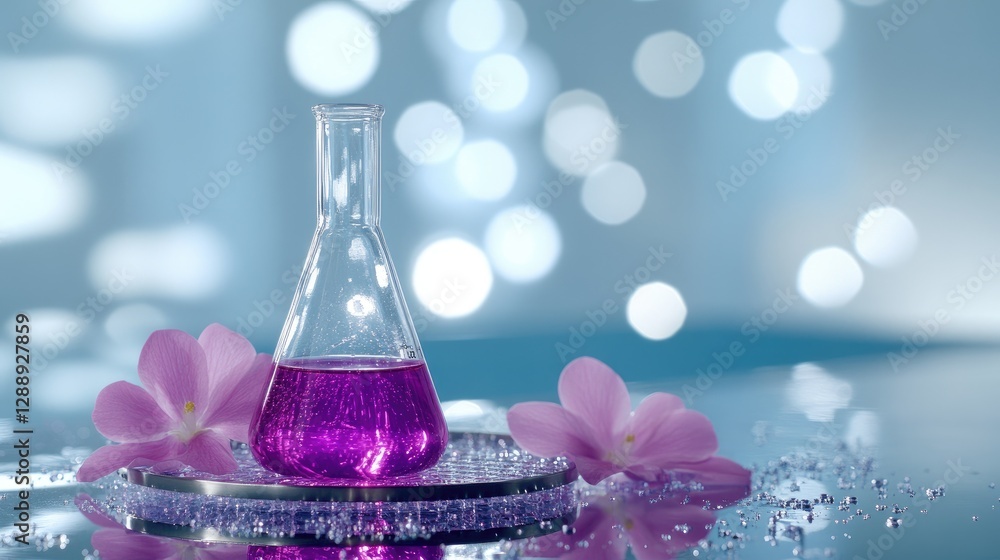 Purple Liquid in Flask with Flower Accents on Reflective Surface - Ideal for Science or Wellness Themes Purple Liquid in Flask with Flower Accents on Reflective Surface - Ideal for Science or Wellness Themes