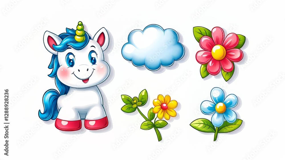 Fototapeta premium Unicorn stands playfully in a colorful fantasy world, surrounded by bright flowers and a fluffy cloud, creating a dreamy, magical scene for children.