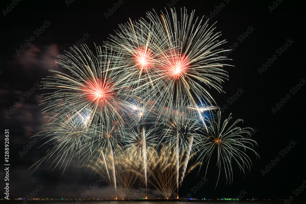 Grand Fireworks Display with Green and Pink Bursts Grand Fireworks Display with Green and Pink Bursts
