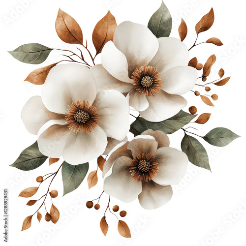 Bunch of white flowers surrounded by green leaves in a natural outdoor setting isolated on transparent background..