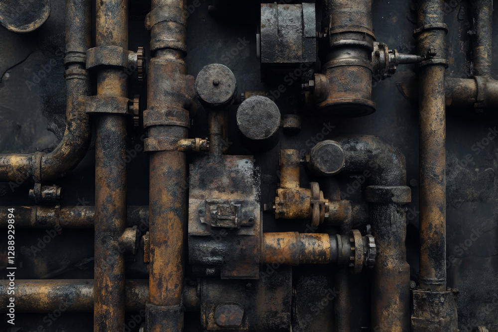 This view highlights a complex layout of aged pipes and valves covered in rust, revealing the passage of time in an industrial setting, emphasizing texture and detail. Generative AI This view highlights a complex layout of aged pipes and valves covered in rust, revealing the passage of time in an industrial setting, emphasizing texture and detail. Generative AI