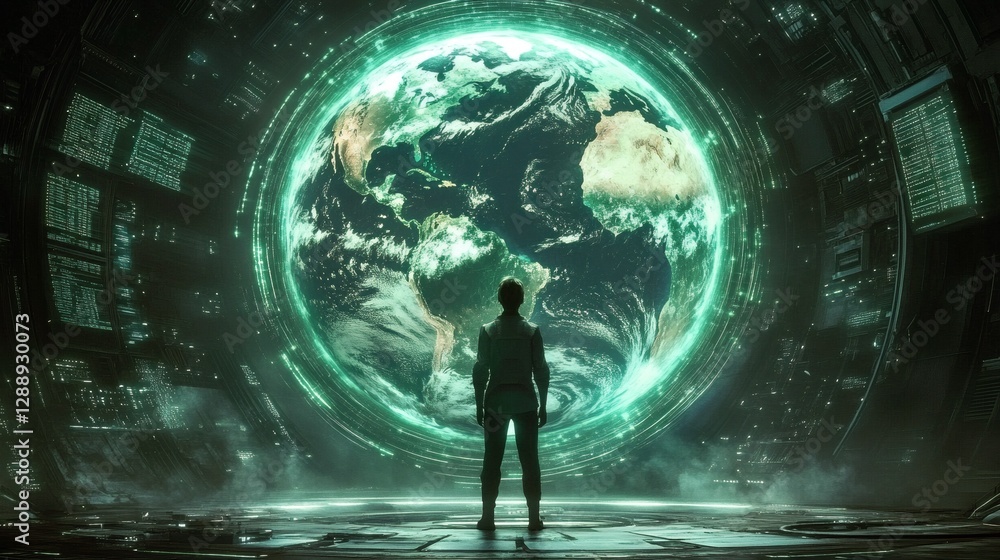 Fototapeta premium An individual is gazing at a massive, floating holographic projection of the Earth in a futuristic space.