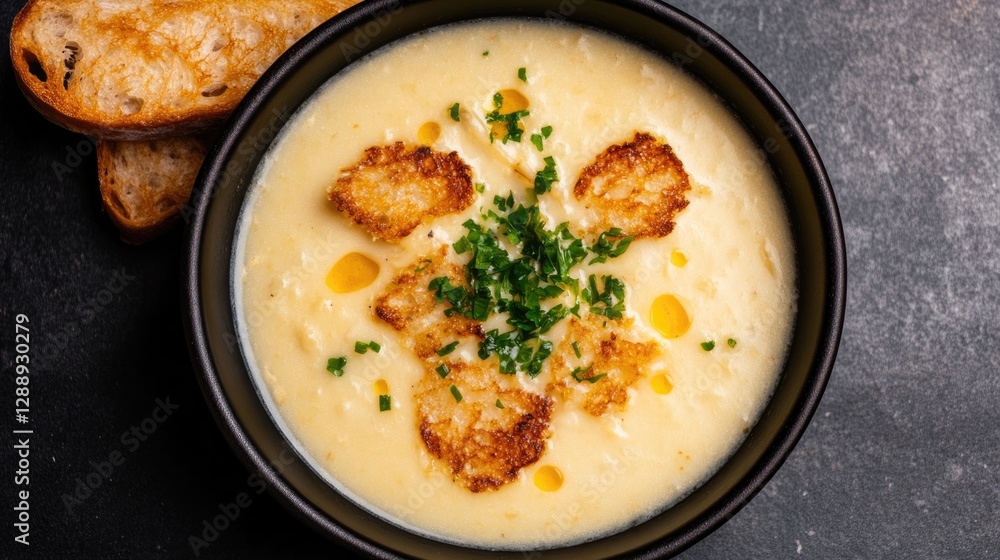 Creamy soup garnished with crispy bread and fresh herbs, invitin Creamy soup garnished with crispy bread and fresh herbs, invitin