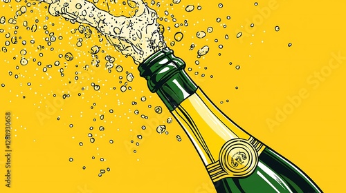 Cartoon champagne bottle emoji popping with bubbly excitement isolate color background