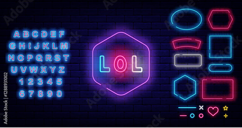 Lol neon sign. Funny online message. Blogger following. Glowing advertising. Vector stock illustration