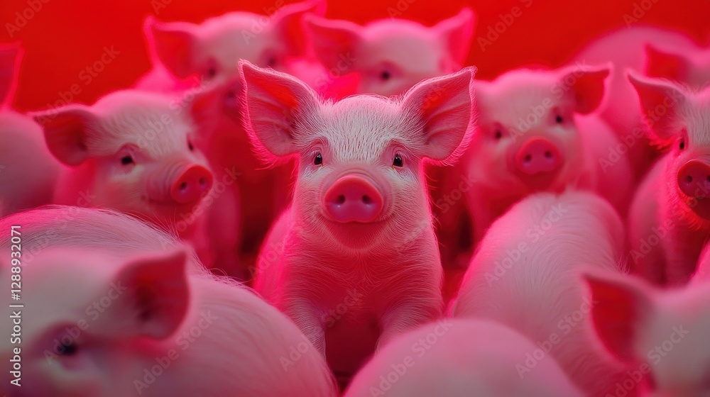 Pink Piglets Huddled Together In A Red Setting Pink Piglets Huddled Together In A Red Setting