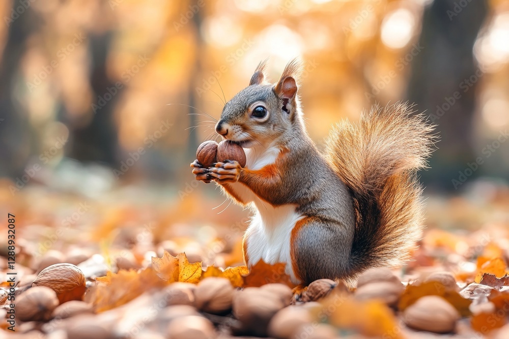 Squirrel gathering nuts in autumn forest with vibrant leaves and daylight surroundings Squirrel gathering nuts in autumn forest with vibrant leaves and daylight surroundings