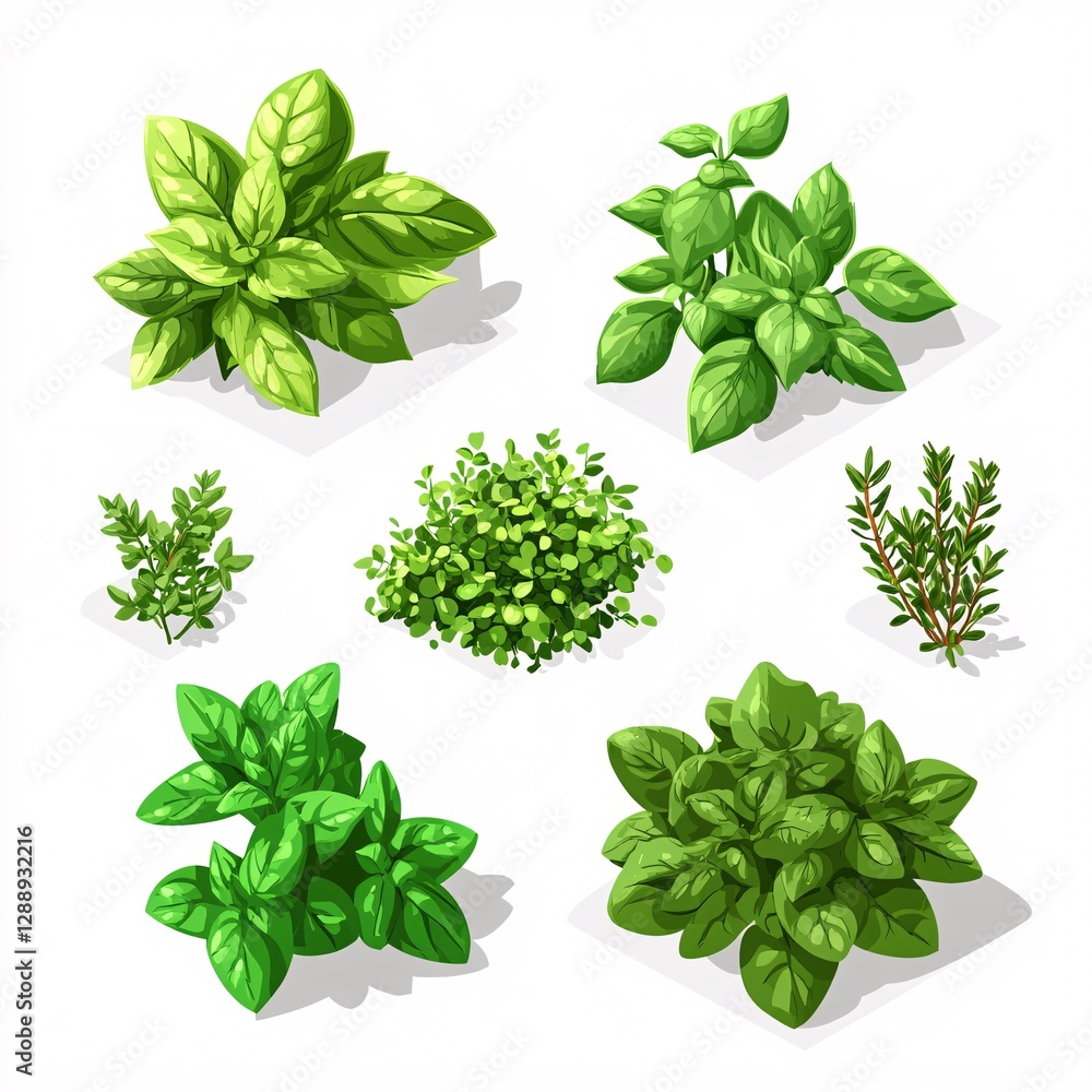 Vivid Isometric Depiction of Herbaceous Plants like Basil, Mint, Rosemary, and Thyme Vivid Isometric Depiction of Herbaceous Plants like Basil, Mint, Rosemary, and Thyme