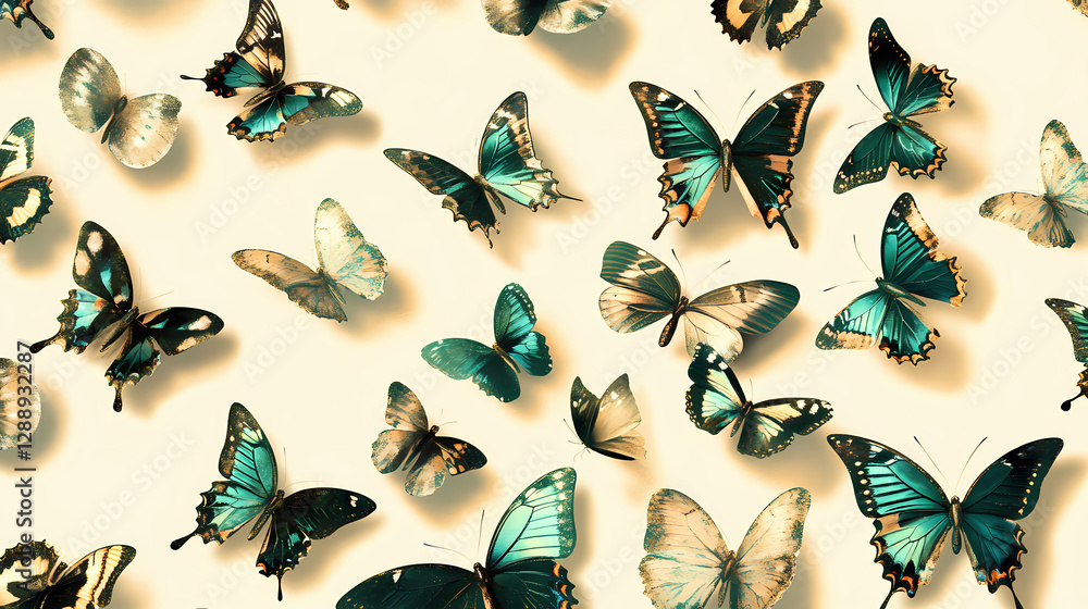 Fototapeta premium A swarm of butterflies with iridescent sheen in various shades of green and gold on a cream-colored background, tropical design, vibrant hues. Iridescent Butterfly Swarm. Illustration