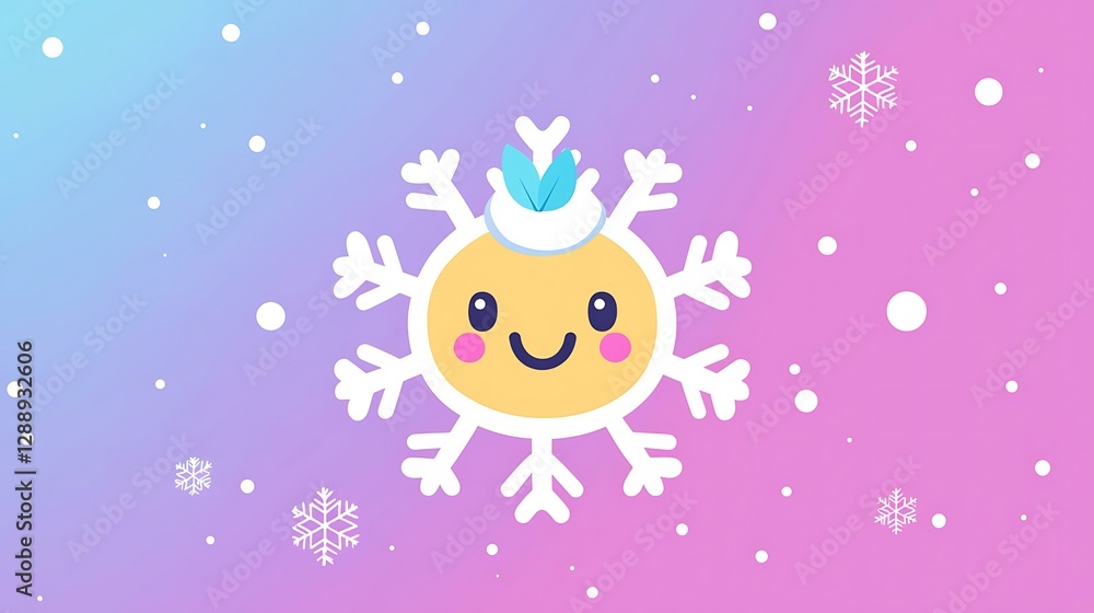Fototapeta premium Cartoon snowflake emoji with delicate patterns and a tiny happy face isolate color background