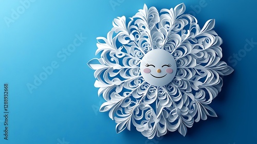 Cartoon snowflake emoji with delicate patterns and a tiny happy face isolate color background