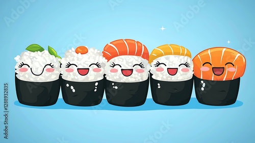 Cartoon sushi roll emoji with rice, seaweed, and fresh fish isolate color background