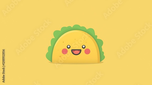 Cartoon taco emoji with a crispy shell, lettuce, cheese, and meat filling isolate color background