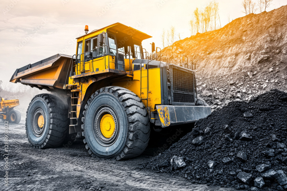 A large yellow dump truck unloads coal at a mining site as the sun sets, highlighting the machinery's role in resource extraction and industrial activity. Generative AI A large yellow dump truck unloads coal at a mining site as the sun sets, highlighting the machinery's role in resource extraction and industrial activity. Generative AI