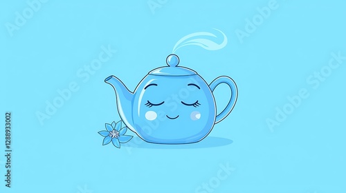 Cartoon teapot emoji with steam gently rising and a small floral design isolate color background