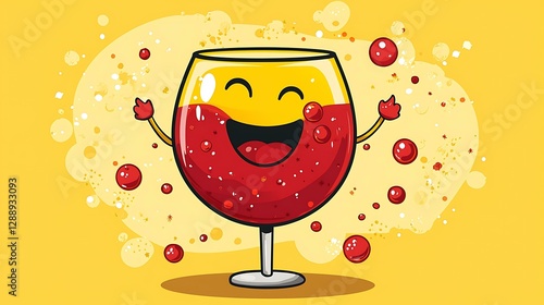 Cartoon wine glass emoji filled with a soft red liquid and sparkles isolate color background