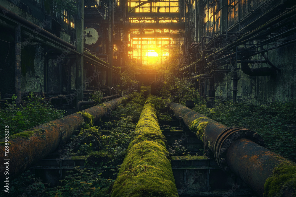 Overgrown vegetation thrives around large rusted pipes in an abandoned industrial area, illuminated by warm sunlight streaming through broken windows at dusk. Generative AI Overgrown vegetation thrives around large rusted pipes in an abandoned industrial area, illuminated by warm sunlight streaming through broken windows at dusk. Generative AI
