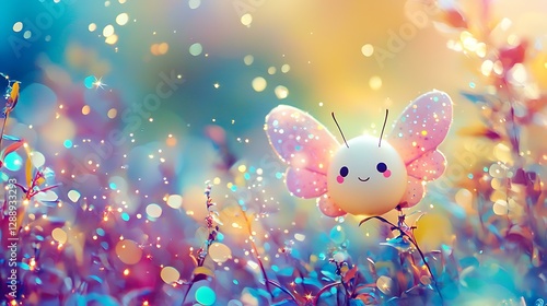Chibi butterfly emoji with soft pastel wings and sparkles isolate other color background