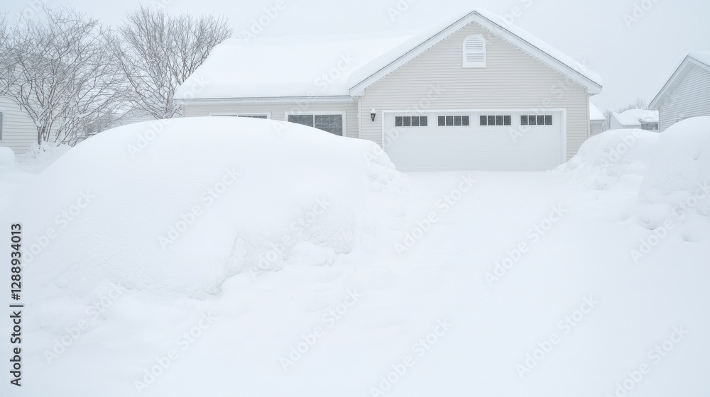 Snowy suburban home, driveway buried, winter storm Snowy suburban home, driveway buried, winter storm