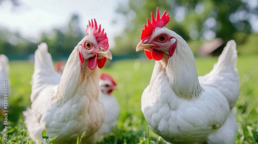 Fototapeta premium Two white chickens with red combs face each other in a grassy field, other chickens are visible in the background, enjoying a sunny day.