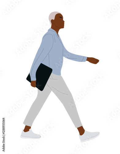 Black Businesswoman walking. African american pretty woman in smart casual outfit with document folder side view. Cartoon female character. Vector realistic illustration isolate