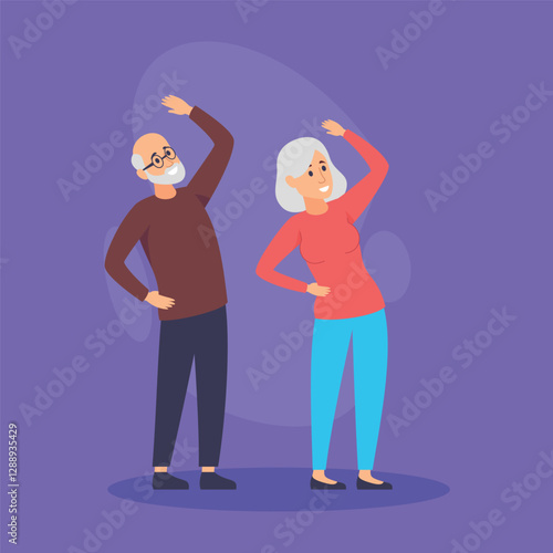 Two elderly individuals engaged in light exercise, smiling and stretching warmly. Health and vitality concept