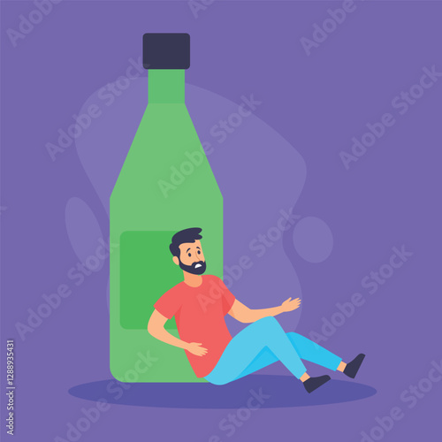 Man sitting on floor beside large green bottle, looking unwell. Discomfort after drinking alcohol at home concept