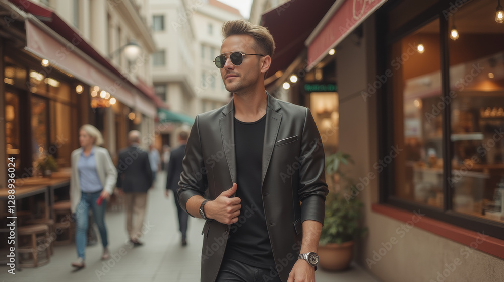Stylish man walking in city street, wearing sunglasses and blazer Stylish man walking in city street, wearing sunglasses and blazer