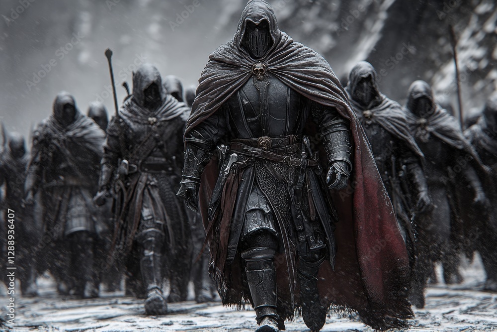 Fototapeta premium A hooded army marches through a snowy landscape, their dark armor blending with the winter scene.