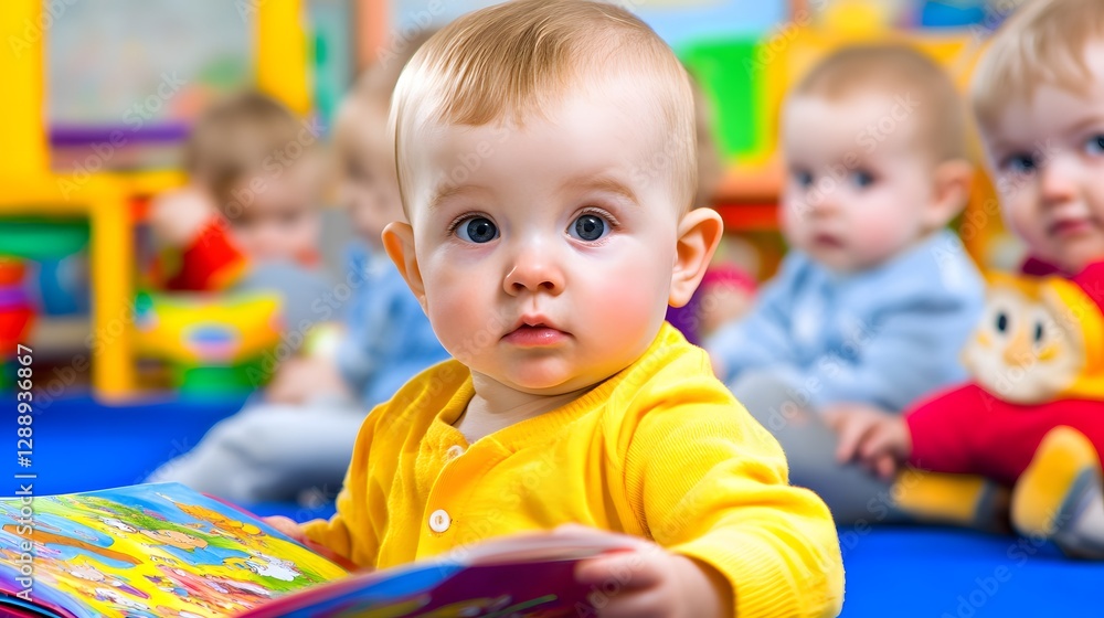 Curious Baby Reading Colorful Book in Playroom Surrounded by Engaged Toddlers Curious Baby Reading Colorful Book in Playroom Surrounded by Engaged Toddlers