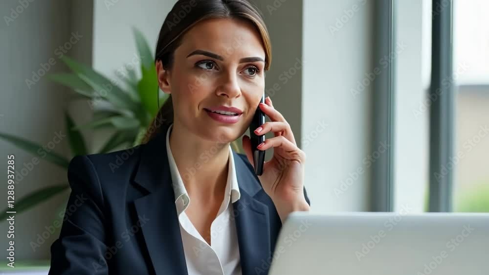 Professional woman engaged in a phone conversation at modern workplace Professional woman engaged in a phone conversation at modern workplace