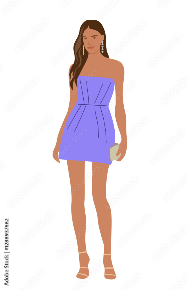 Beautiful young Woman in fashion dress for evening or cocktail party, event. Pretty girl character wearing stylish clothes, shoes. Flat vector realistic illustration isolated Beautiful young Woman in fashion dress for evening or cocktail party, event. Pretty girl character wearing stylish clothes, shoes. Flat vector realistic illustration isolated